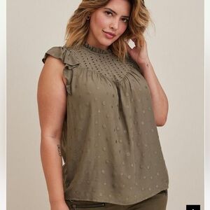 Torrid Olive Eyelet Ruffle Sleeve Top